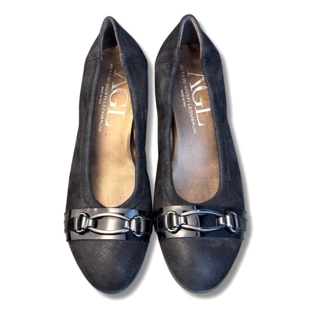 AGL Black Patent Bit Ballet Wedge Flats Size 39.5 / 9.5 Like New